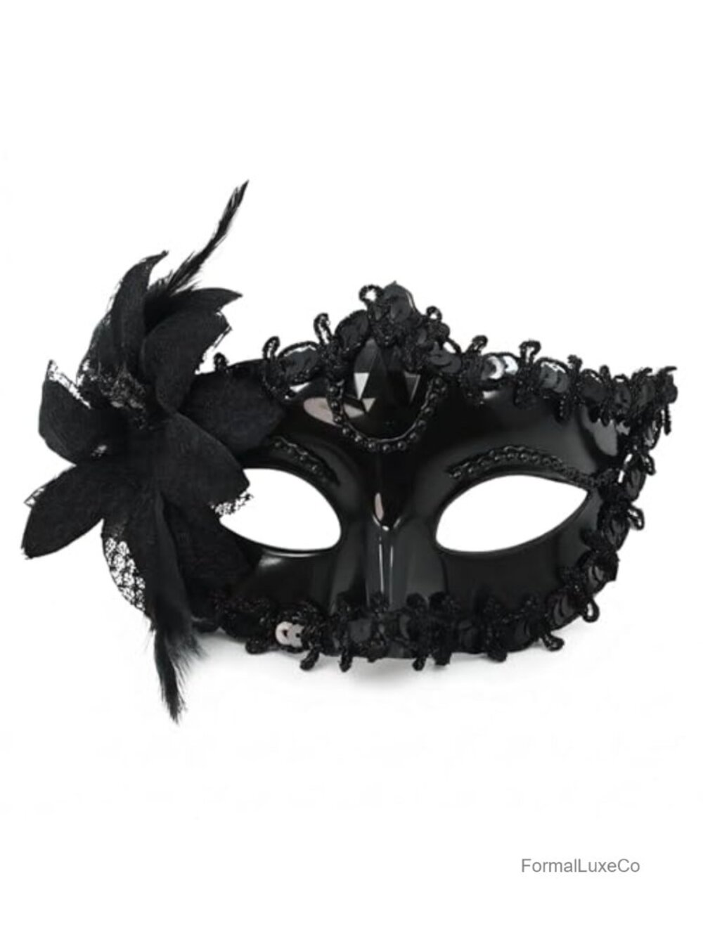 Venetian Lace Masquerade Mask Feather Bead Detail Adjustable Ribbon Adult